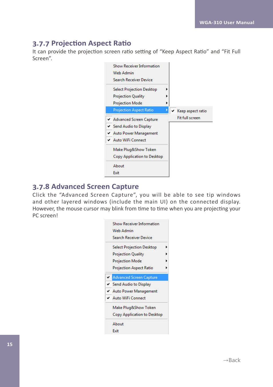 7 projection aspect ratio, 8 advanced screen capture | Awind WIGA / WGA-310 User's Manual User Manual | Page 15 / 34