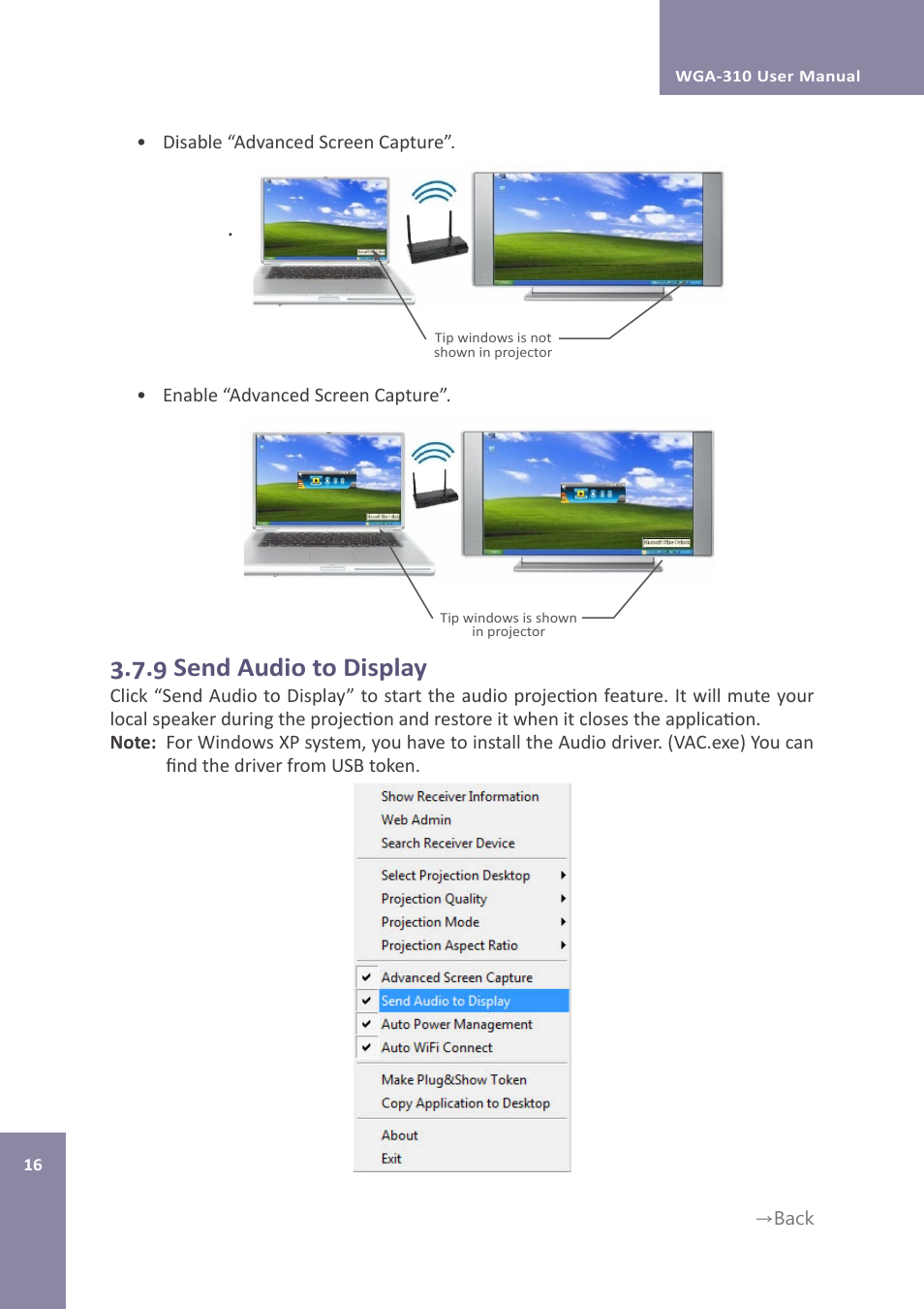 9 send audio to display | Awind WIGA / WGA-310 User's Manual User Manual | Page 16 / 34