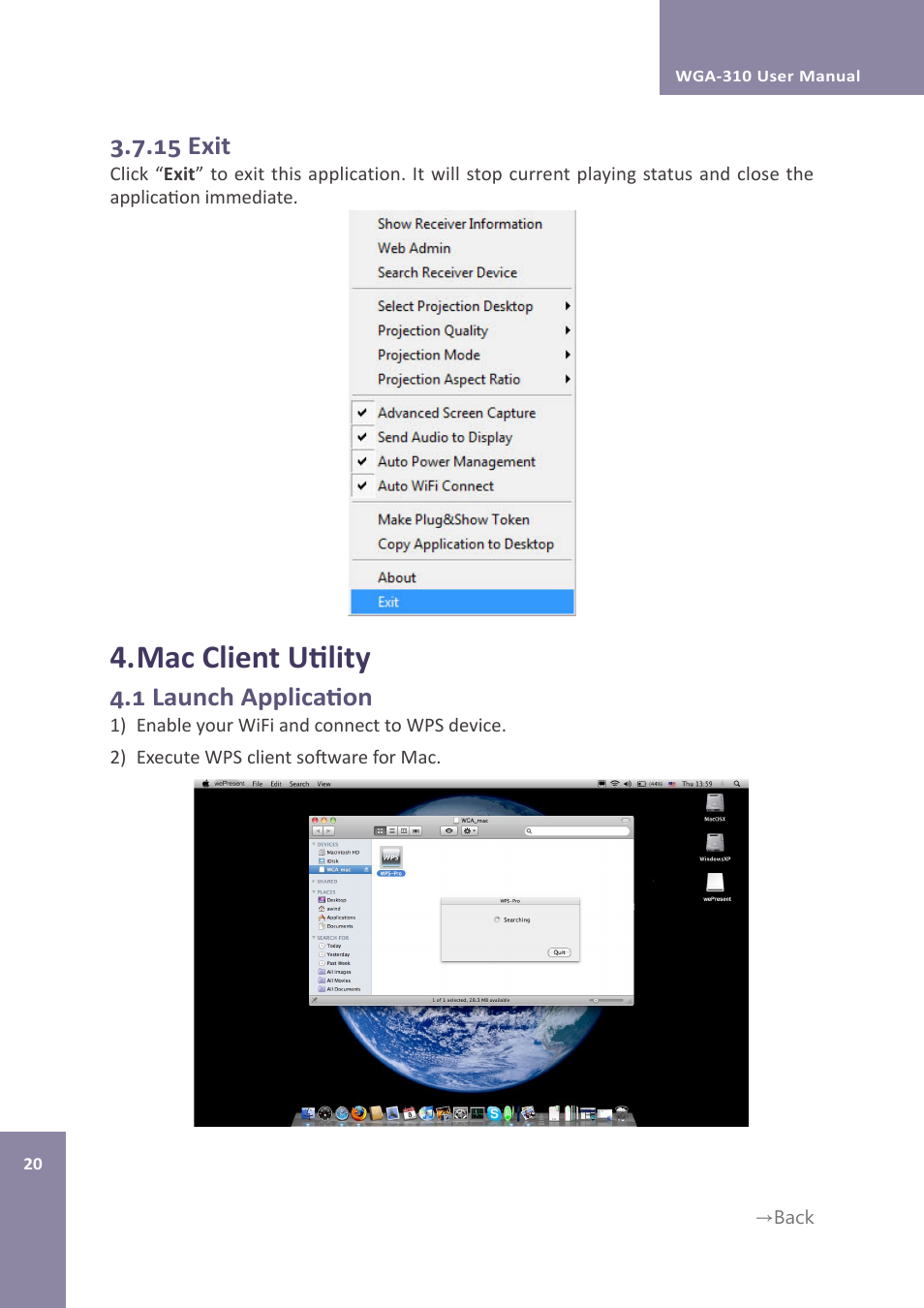 Mac client utility, 15 exit, 1 launch application | Awind WIGA / WGA-310 User's Manual User Manual | Page 20 / 34