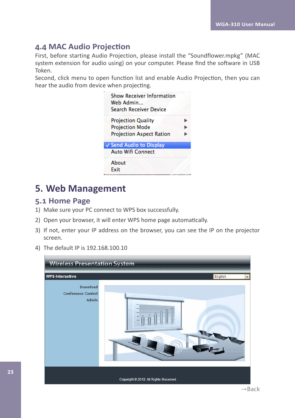 Web management, 4 mac audio projection, 1 home page | Awind WIGA / WGA-310 User's Manual User Manual | Page 23 / 34