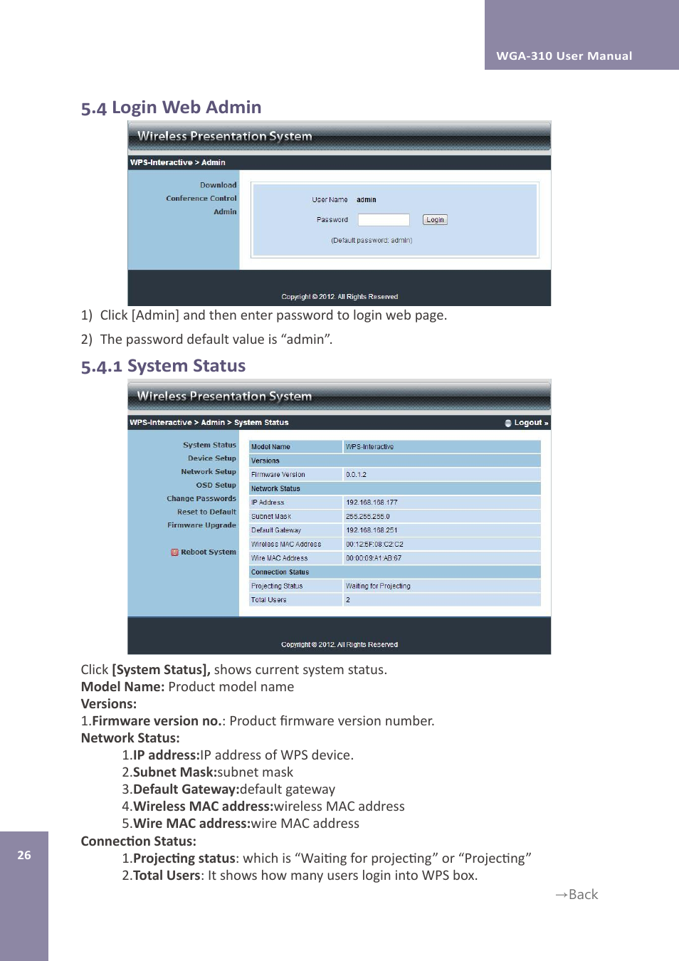 4 login web admin, 1 system status | Awind WIGA / WGA-310 User's Manual User Manual | Page 26 / 34