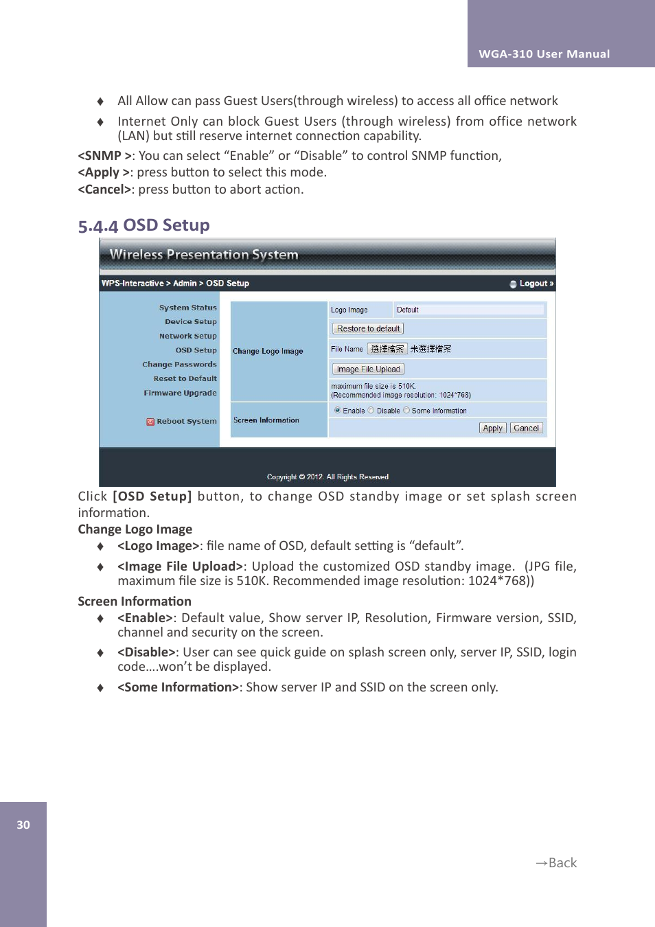 4 osd setup | Awind WIGA / WGA-310 User's Manual User Manual | Page 30 / 34