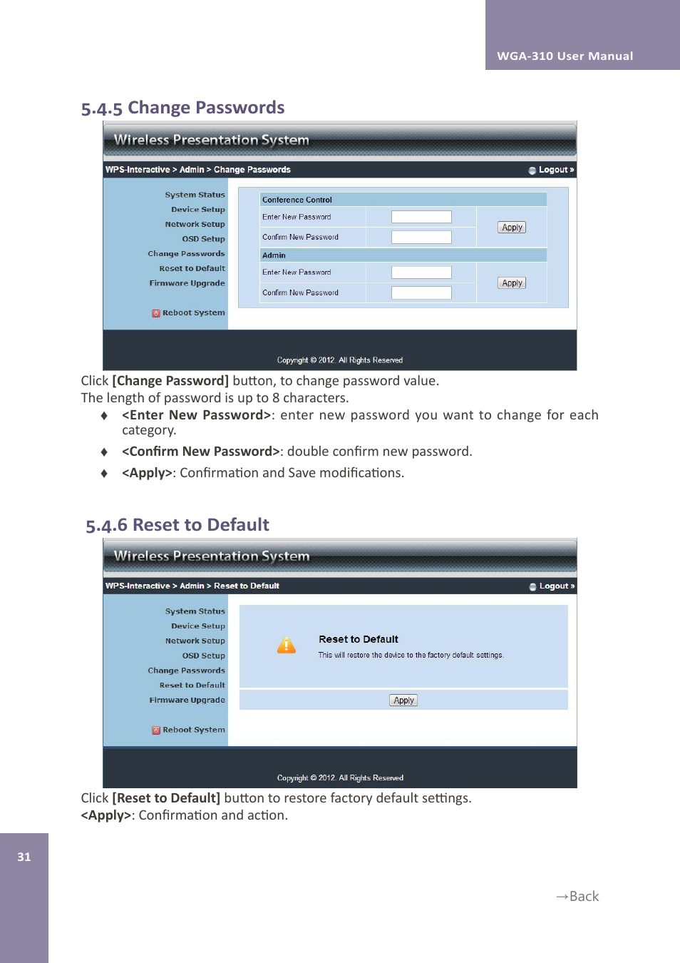 5 change passwords, 6 reset to default | Awind WIGA / WGA-310 User's Manual User Manual | Page 31 / 34