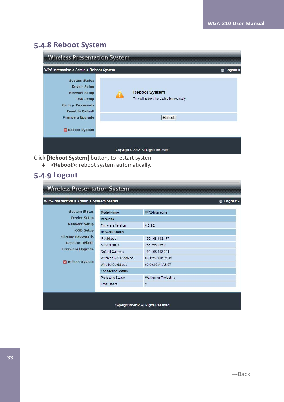 8 reboot system, 9 logout | Awind WIGA / WGA-310 User's Manual User Manual | Page 33 / 34