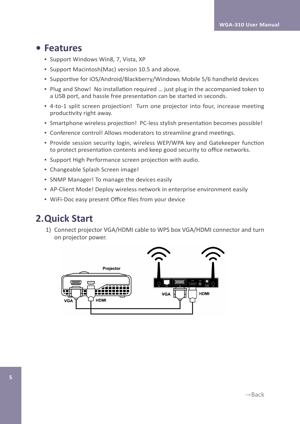 Features, Quick start | Awind WIGA / WGA-310 User's Manual User Manual | Page 5 / 34