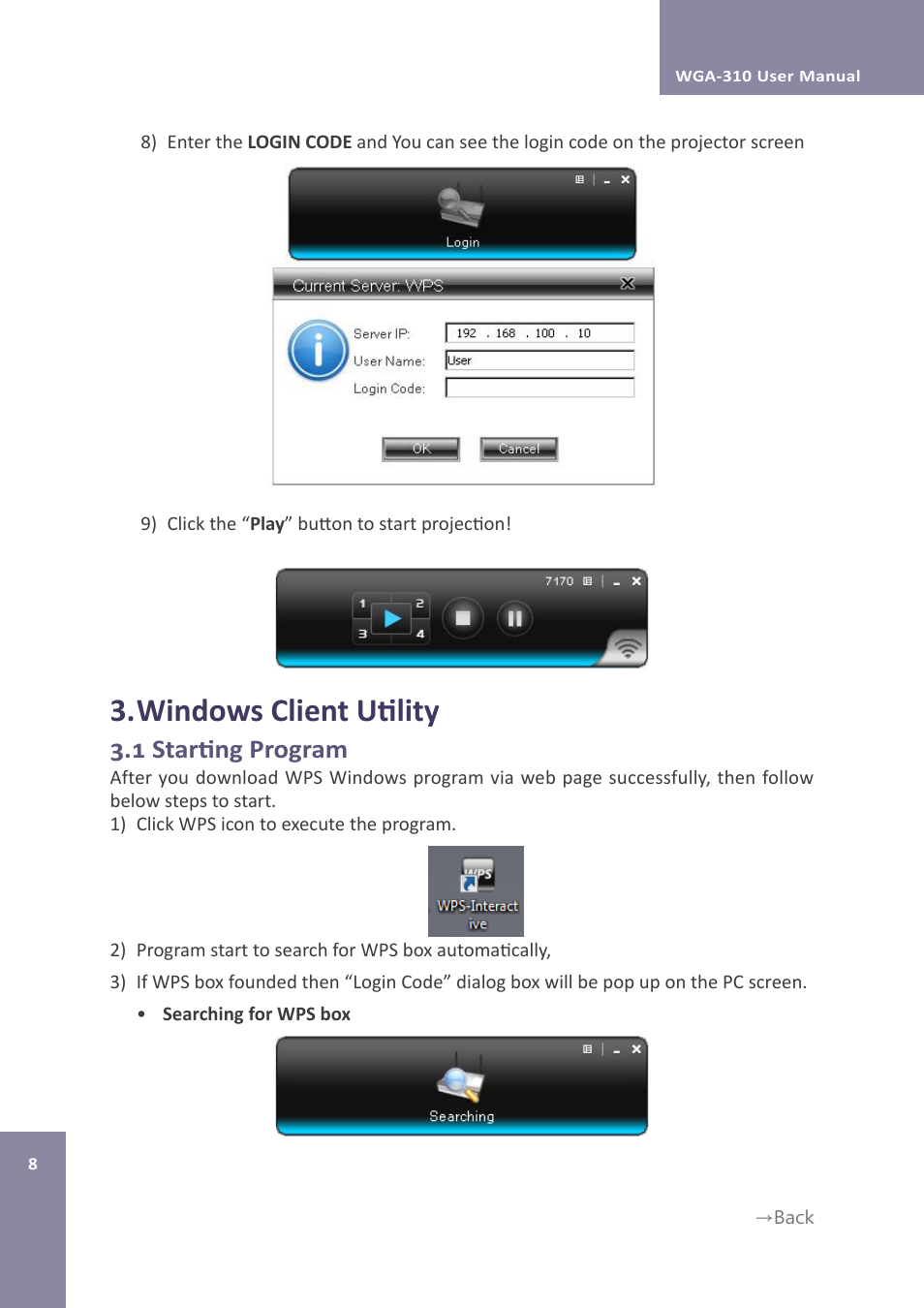 Windows client utility, 1 starting program | Awind WIGA / WGA-310 User's Manual User Manual | Page 8 / 34