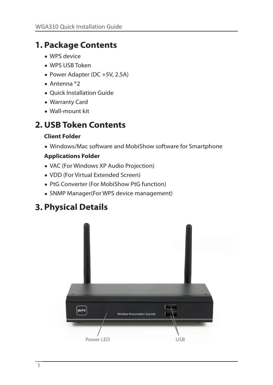 Package contents, Usb token contents, Physical details | Awind WIGA / WGA-310 Quick Install Guide User Manual | Page 2 / 20