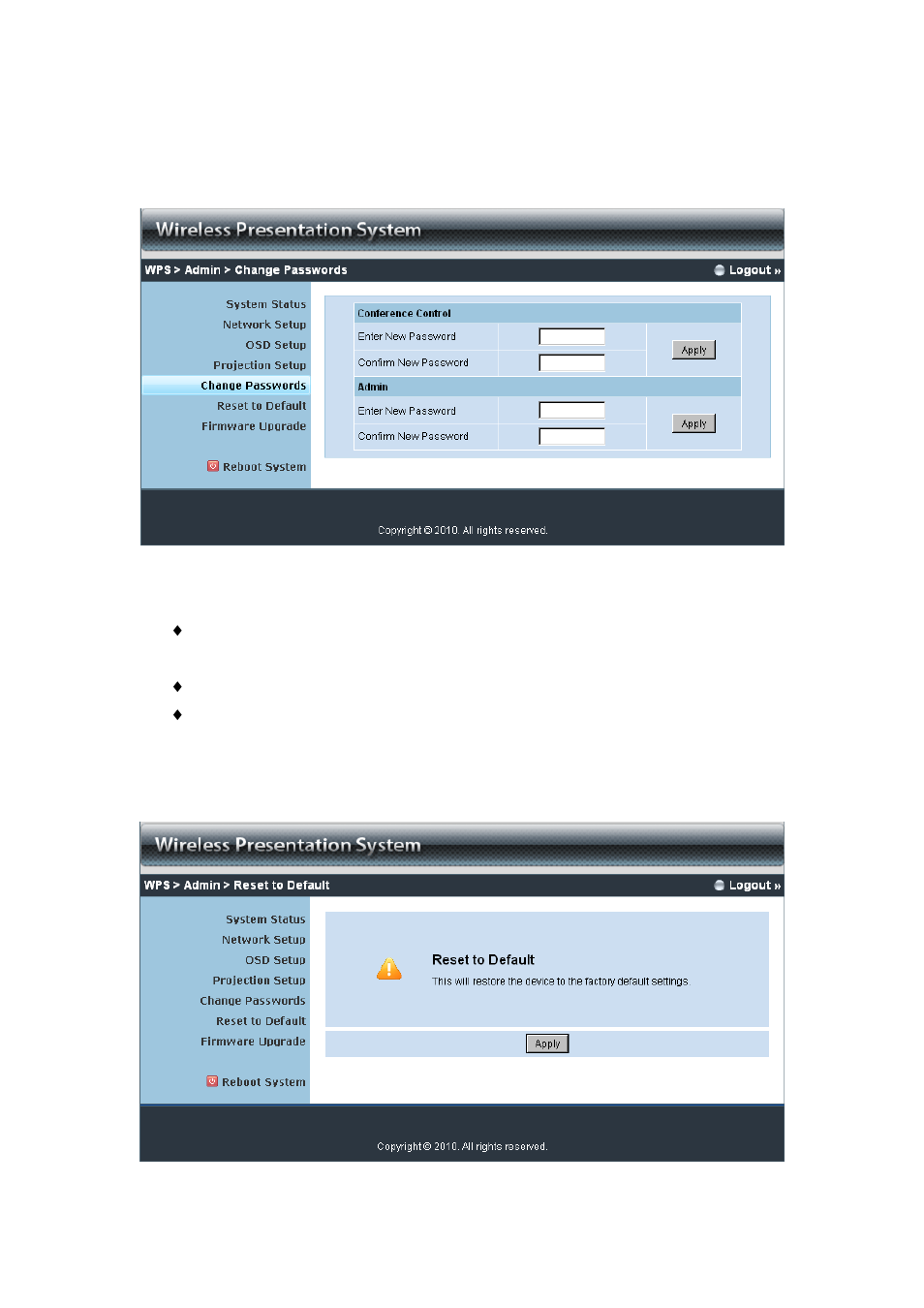 5 change passwords, 6 reset to default | Awind WIGA / WGA-210 User's Manual User Manual | Page 34 / 43