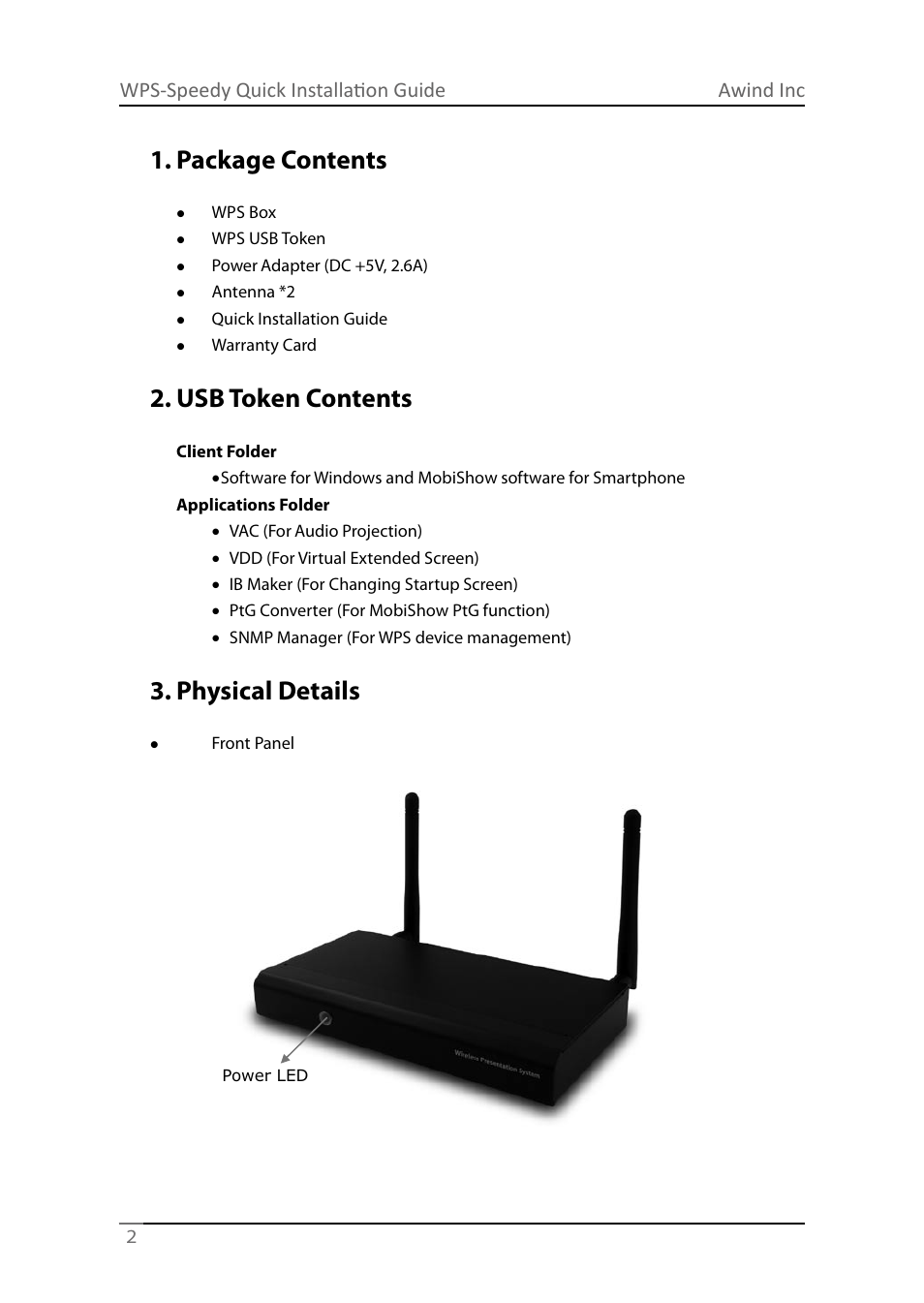 Package contents, Usb token contents, Physical details | Awind inc wps-speedy quick installation guide | Awind WIGA / WGA-210 Quick Install Guide User Manual | Page 2 / 20