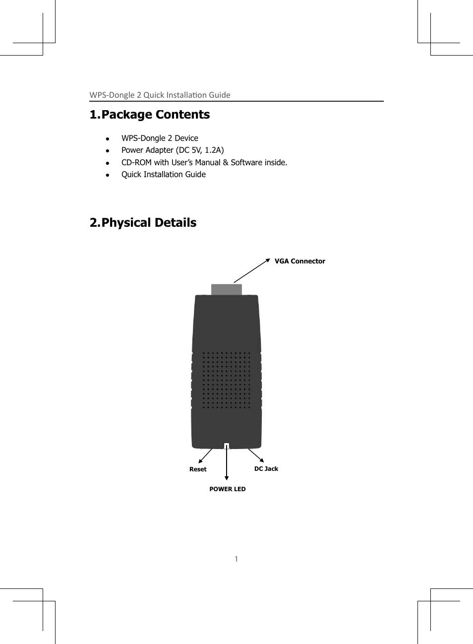 Package contents, Physical details, Wps-dongle 2 quick installation guide | Awind WIGA2 / WGA-120 Quick Install Guide User Manual | Page 2 / 16