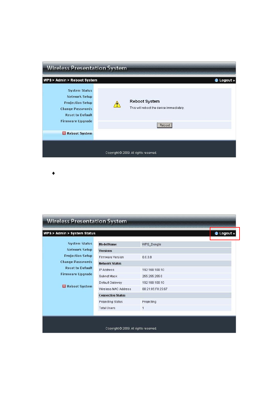 7 reboot system, 8 logout, Reboot system | Logout | Awind WIGA / WGA-110 User's Manual User Manual | Page 26 / 26
