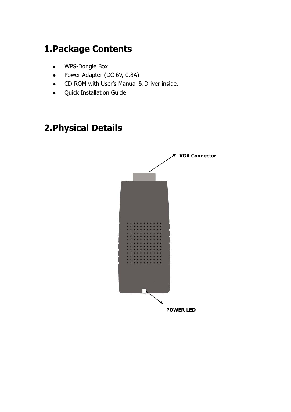Package contents, Physical details | Awind WIGA / WGA-110 Quick Install Guide User Manual | Page 2 / 5