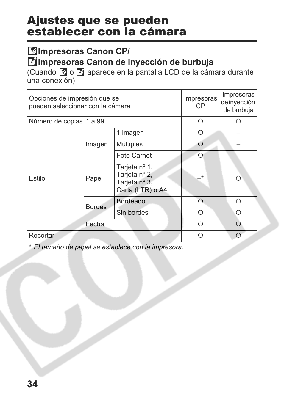 Ajustes que se pueden establecer con la cámara | Canon Direct Print User Manual | Page 107 / 109