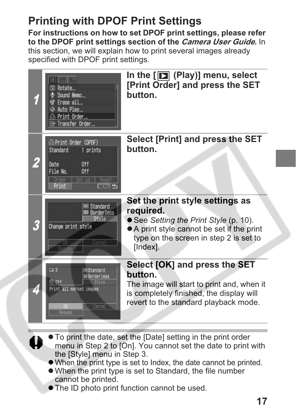 Printing with dpof print settings | Canon Direct Print User Manual | Page 18 / 109