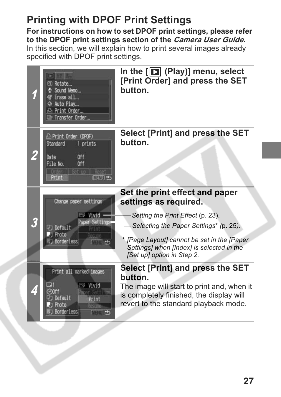 Printing with dpof print settings | Canon Direct Print User Manual | Page 28 / 109