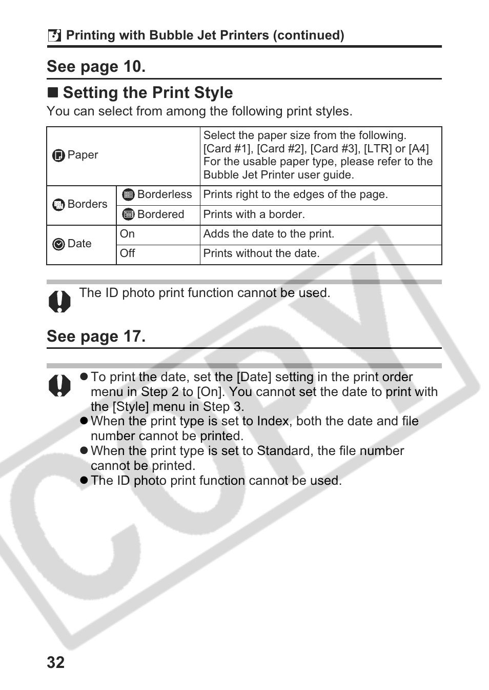 32 see page 10.     setting the print style, See page 17 | Canon Direct Print User Manual | Page 33 / 109