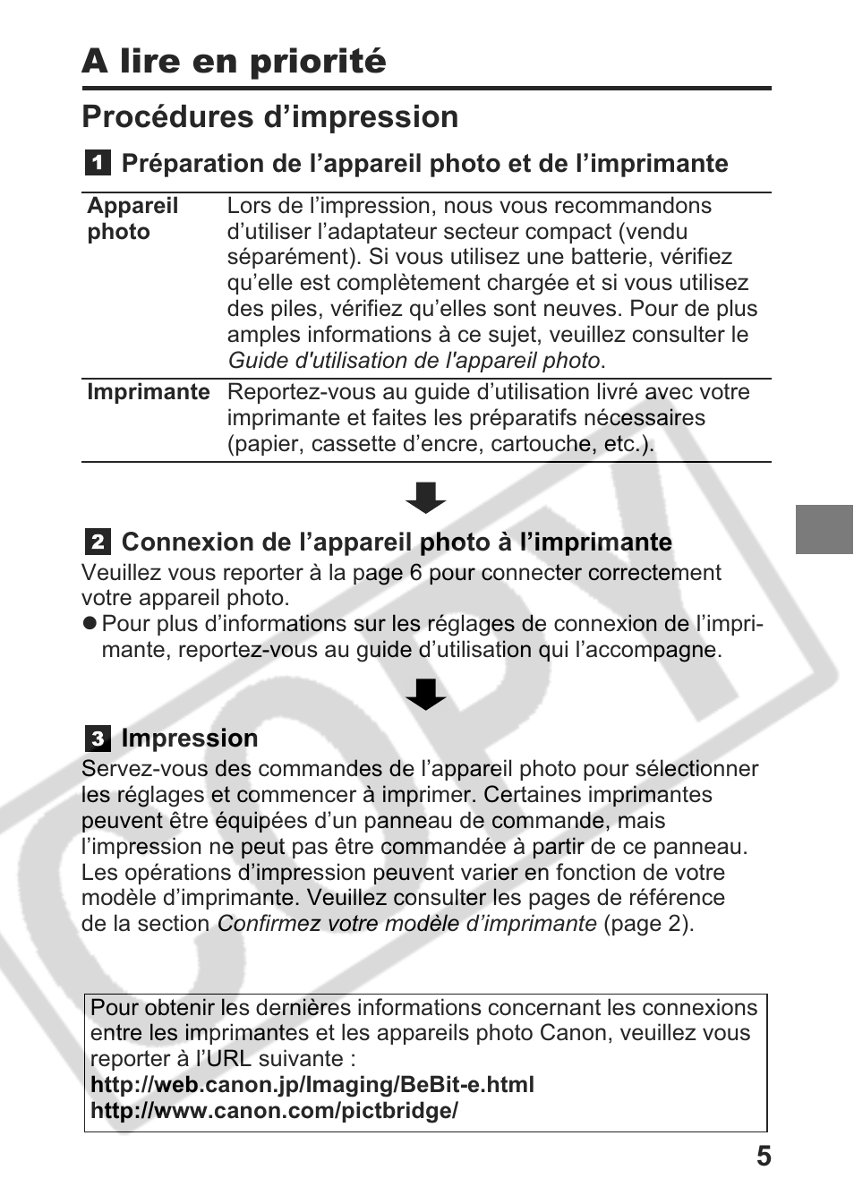 A lire en priorité, Procédures d’impression | Canon Direct Print User Manual | Page 42 / 109