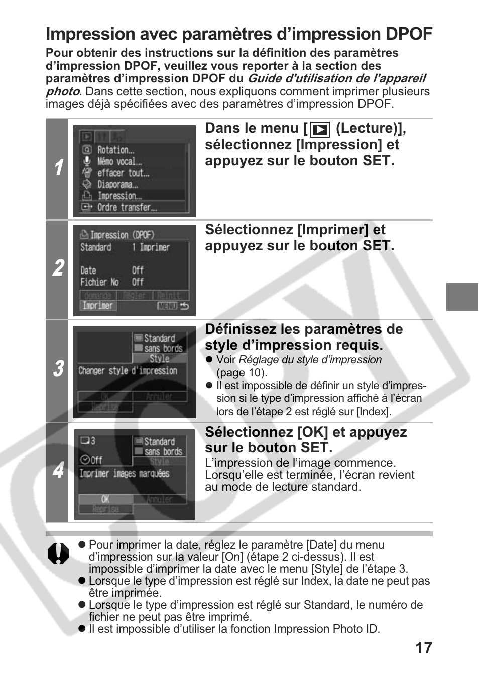 Impression avec paramètres d’impression dpof | Canon Direct Print User Manual | Page 54 / 109