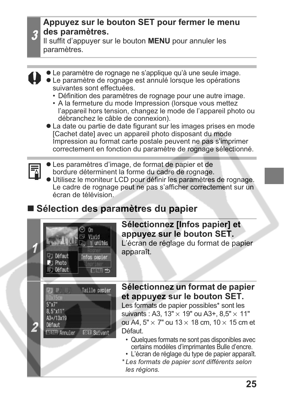 25     sélection des paramètres du papier | Canon Direct Print User Manual | Page 62 / 109