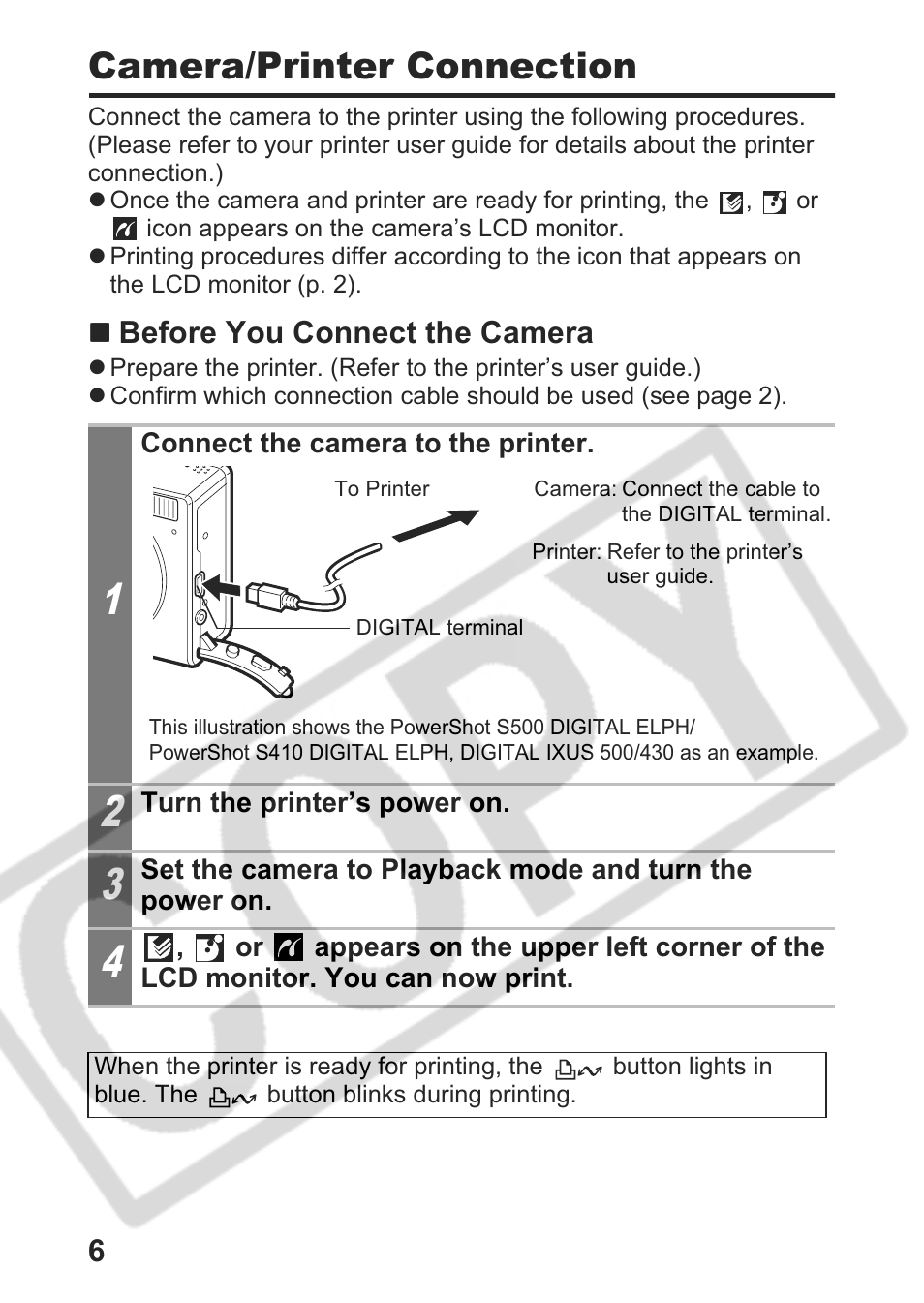 Camera/printer connection | Canon Direct Print User Manual | Page 7 / 109