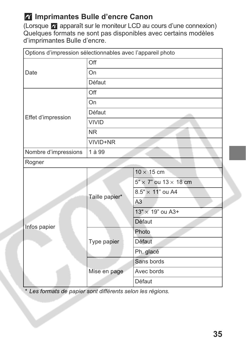 Imprimantes bulle d’encre canon | Canon Direct Print User Manual | Page 72 / 109