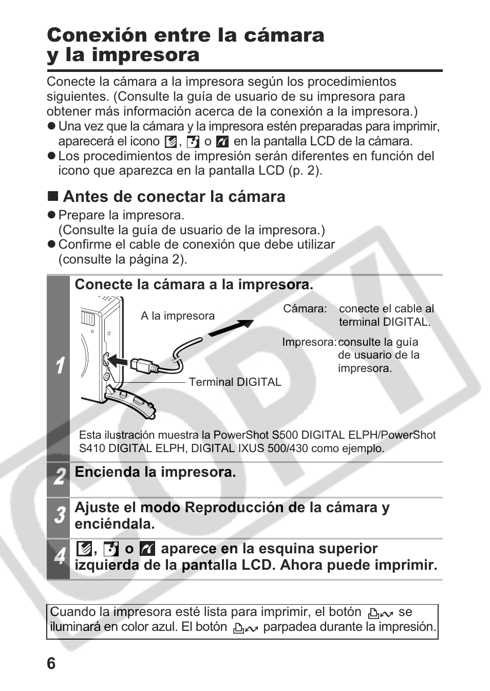 Conexión entre la cámara y la impresora | Canon Direct Print User Manual | Page 79 / 109