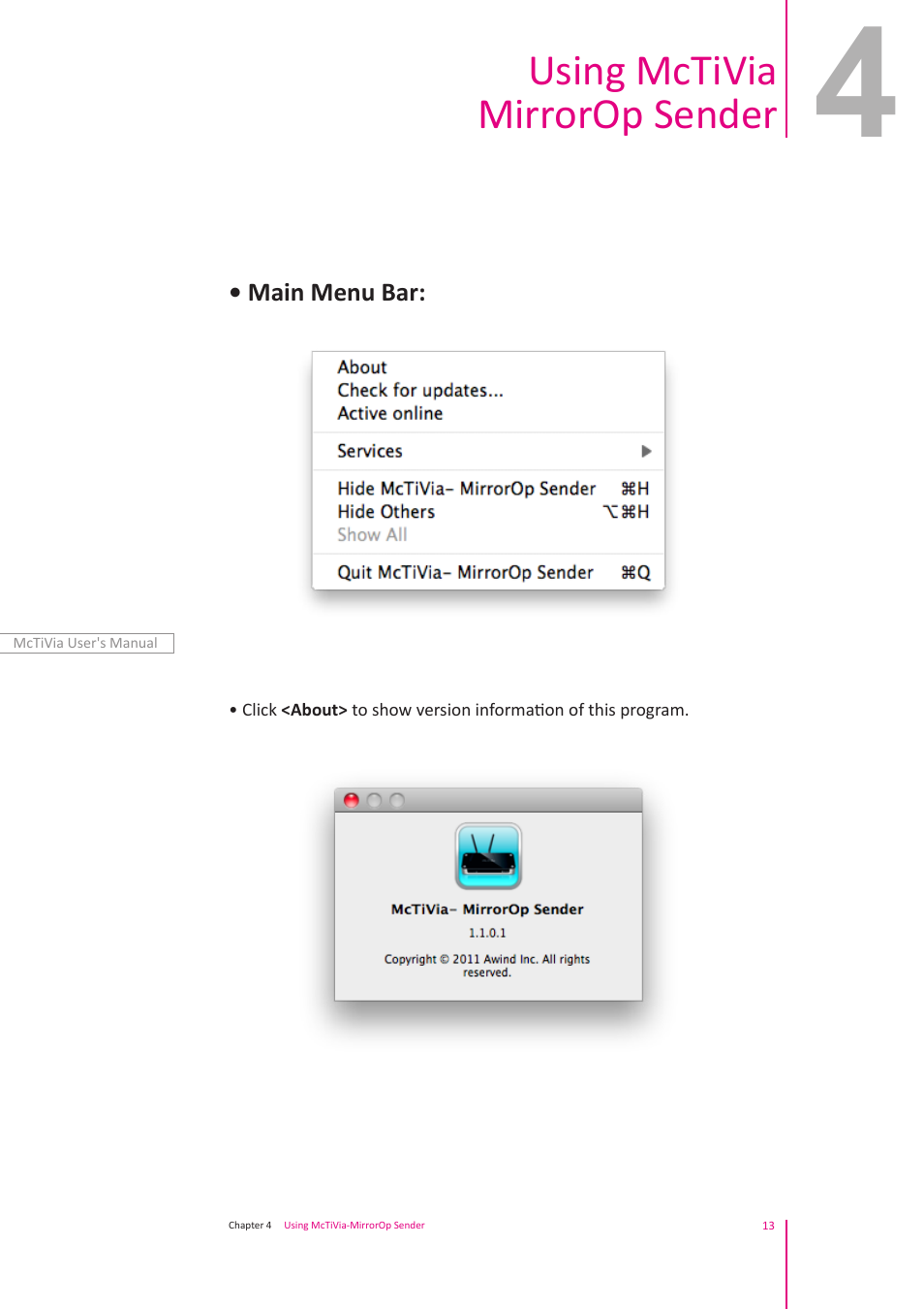 Using mctivia mirrorop sender | Awind McTiVia User's Manual User Manual | Page 14 / 41
