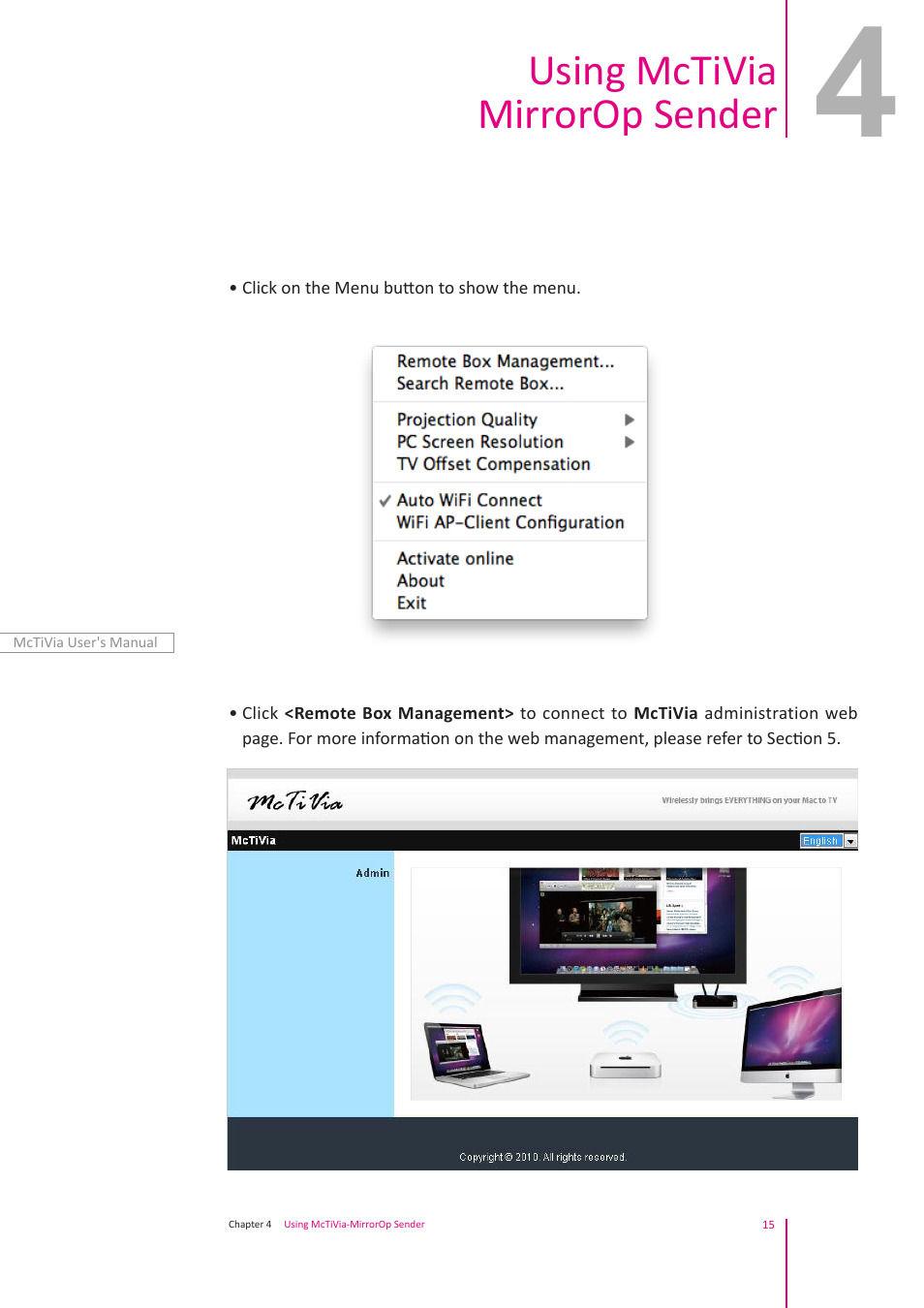 Using mctivia mirrorop sender | Awind McTiVia User's Manual User Manual | Page 16 / 41