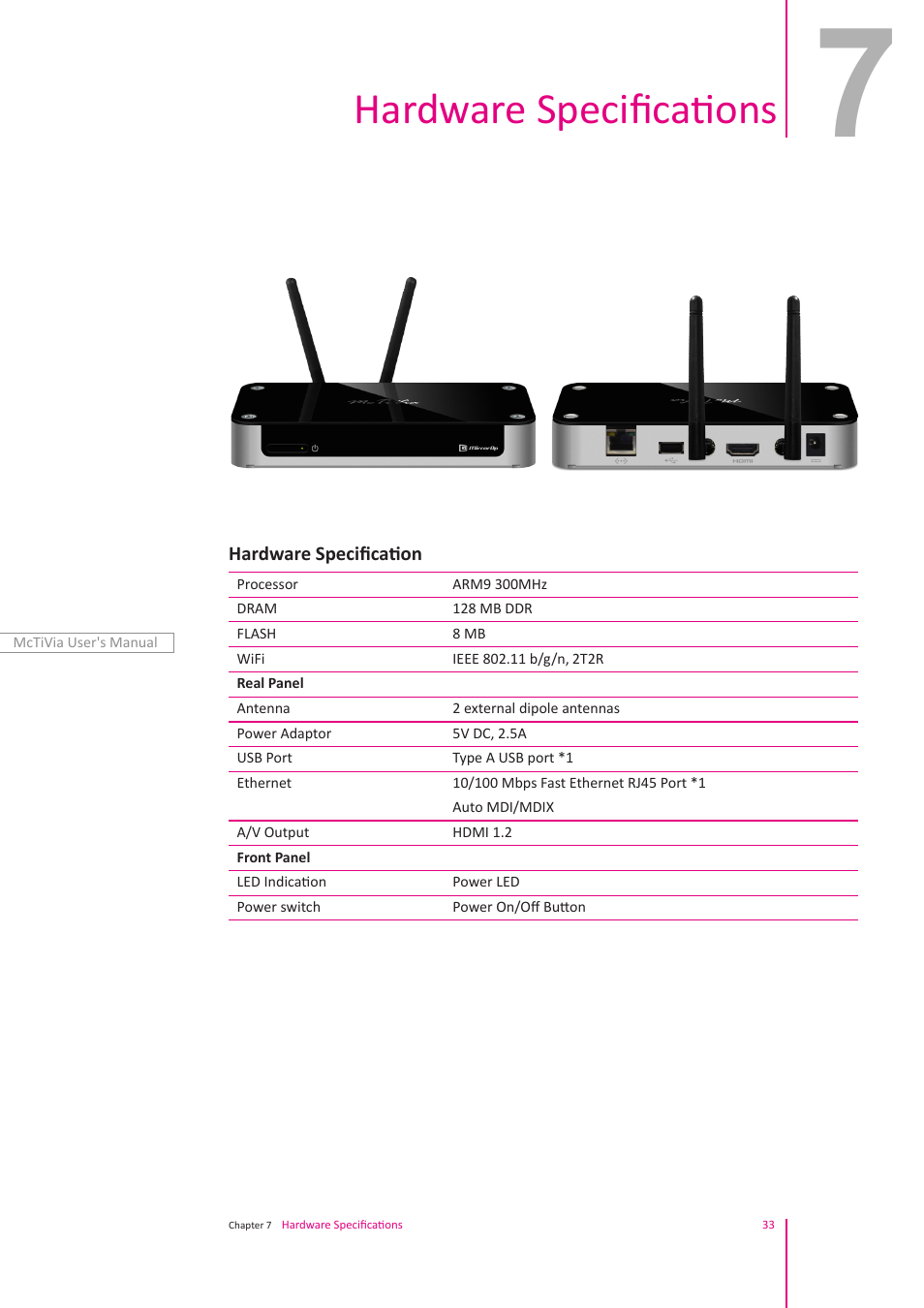 Hardware specifications | Awind McTiVia User's Manual User Manual | Page 34 / 41