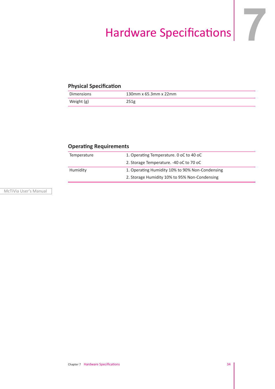 Hardware specifications | Awind McTiVia User's Manual User Manual | Page 35 / 41