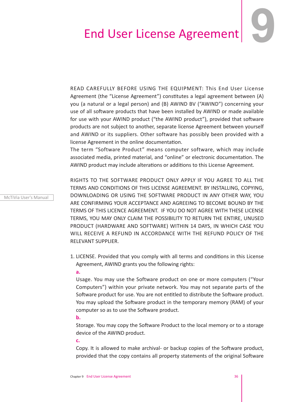 End user license agreement | Awind McTiVia User's Manual User Manual | Page 37 / 41