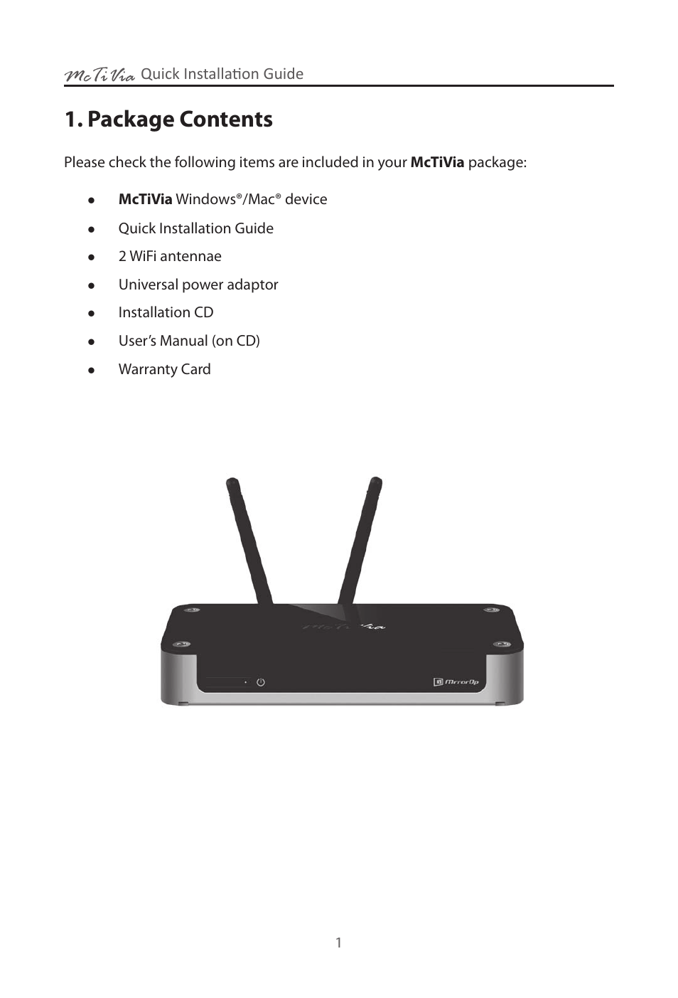 Package contents | Awind McTiVia Quick Install Guide User Manual | Page 2 / 8