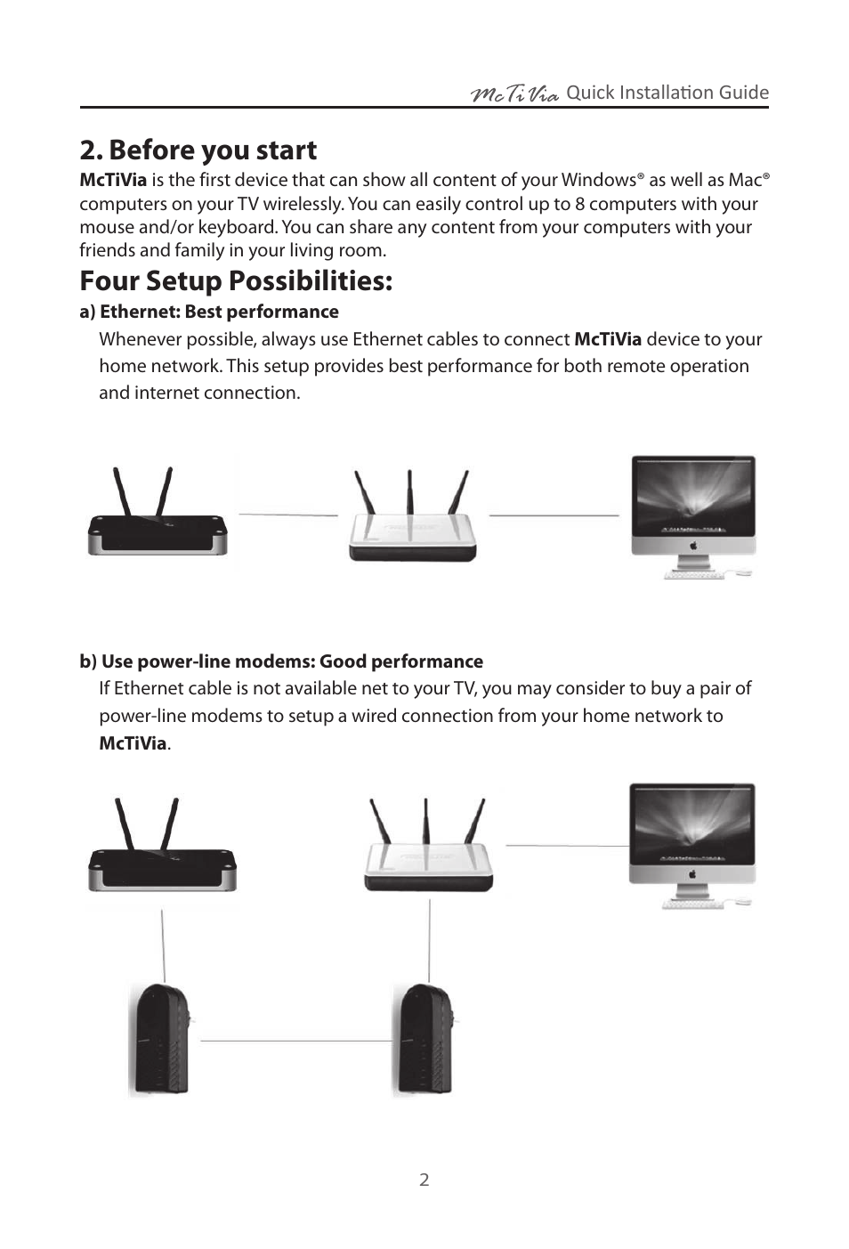 Before you start, Four setup possibilities | Awind McTiVia Quick Install Guide User Manual | Page 3 / 8