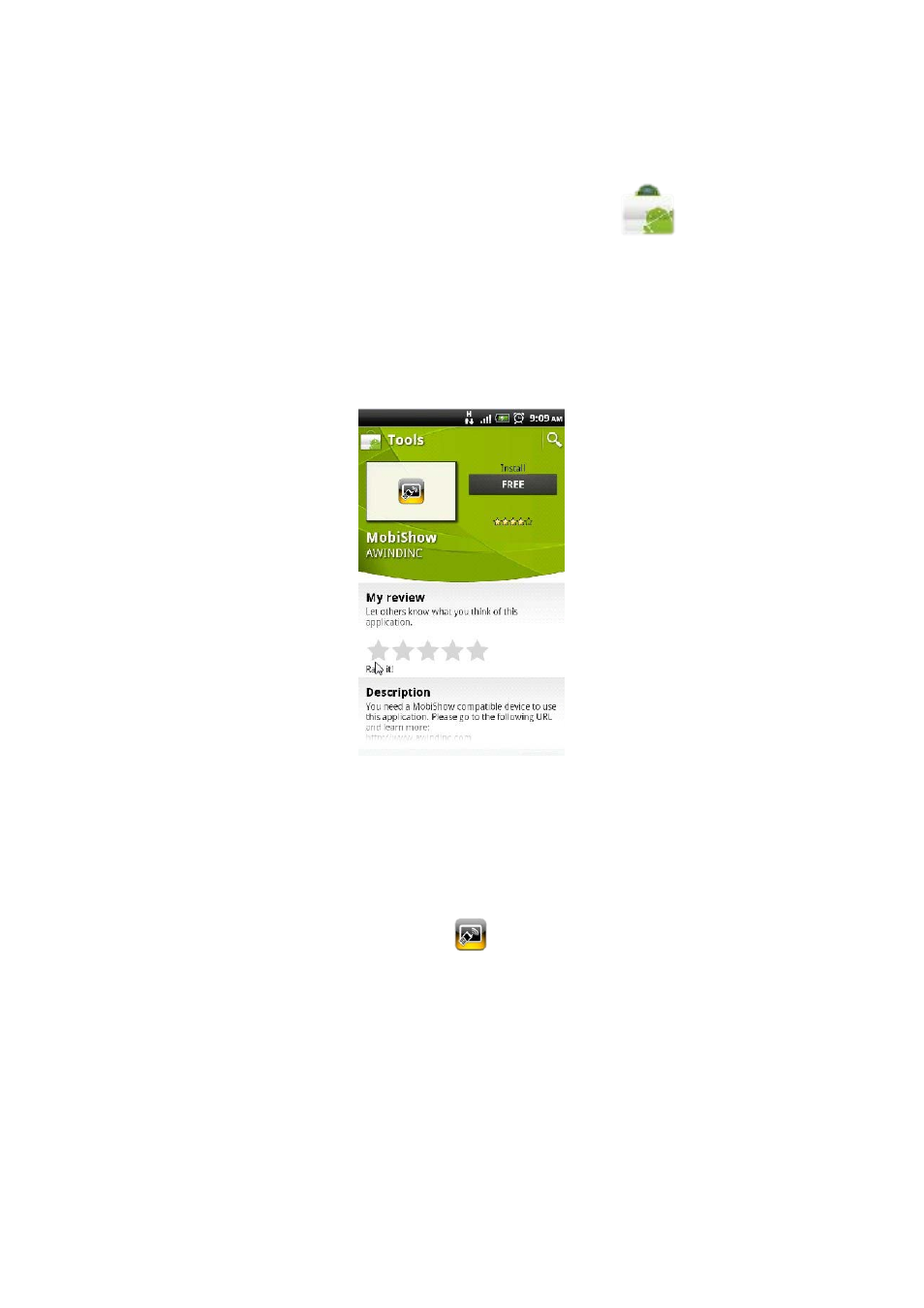 1 mobishow utility for android, 1 download from android market, 2 using mobishow with android phone | Awind MobiShow User's Manual for Android User Manual | Page 2 / 7