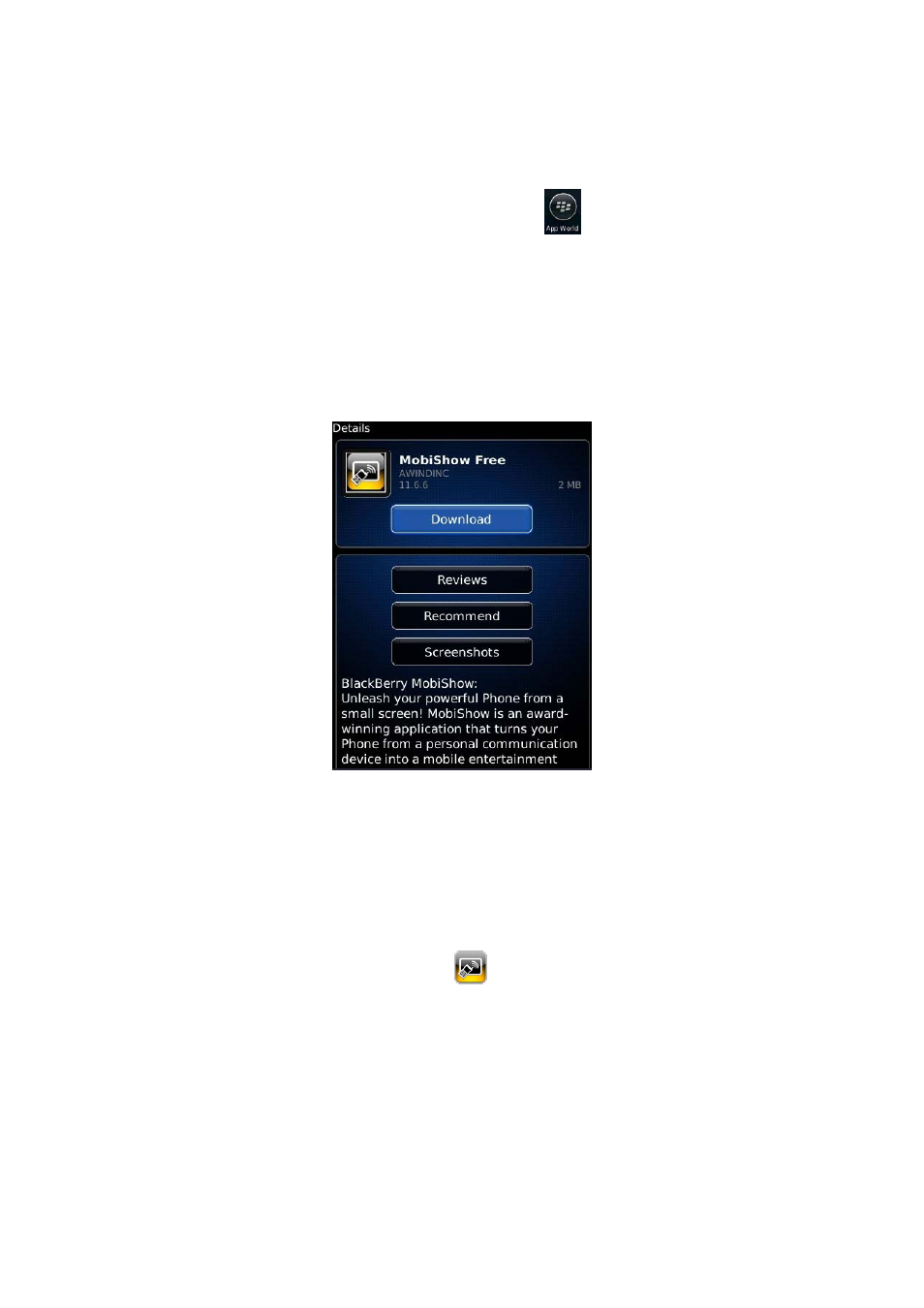 1 mobishow utility for blackberry, 1 download from app word, 2 using mobishow with blackberry | Awind MobiShow User's Manual for Blackberry User Manual | Page 2 / 7