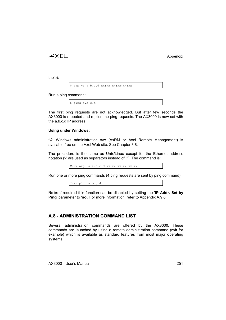 A.8 - administration command list | Axel AX3000 65 User's Manual User Manual | Page 263 / 276