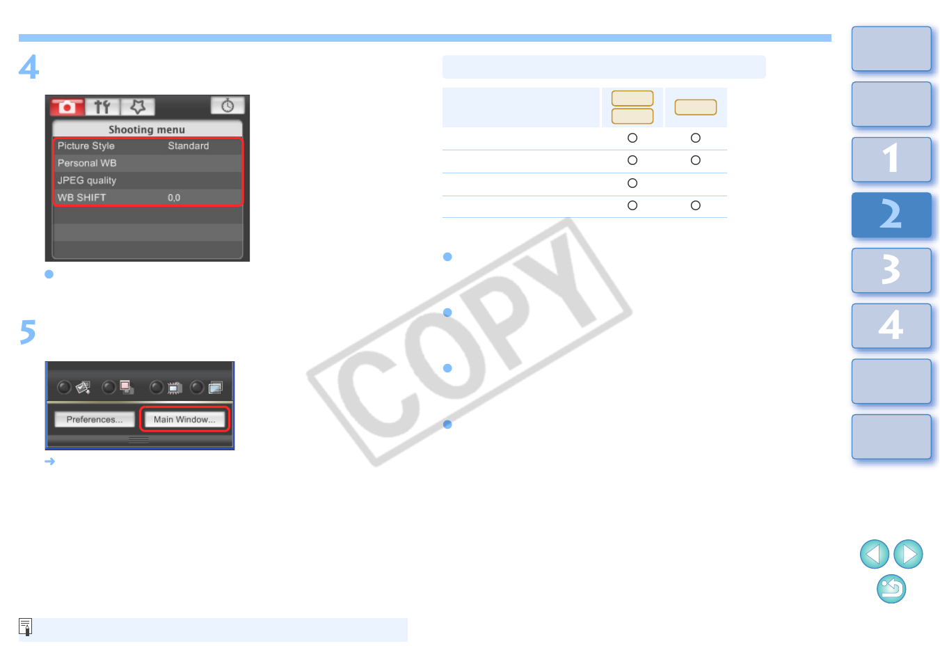 Available settings by camera model | Canon 2.2 User Manual | Page 15 / 54
