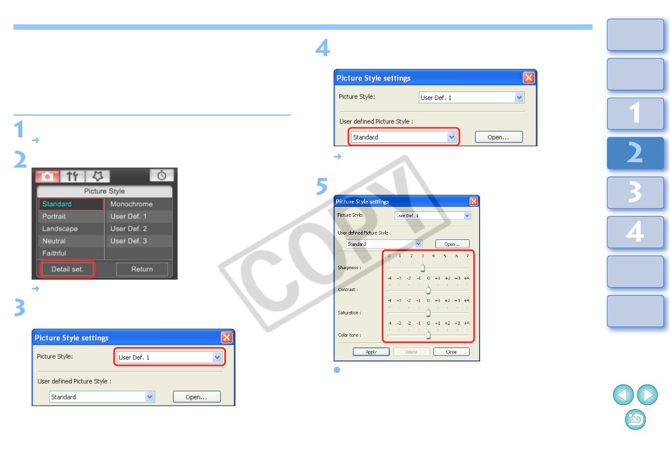 Customizing picture styles and applying to the, Camera | Canon 2.2 User Manual | Page 18 / 54