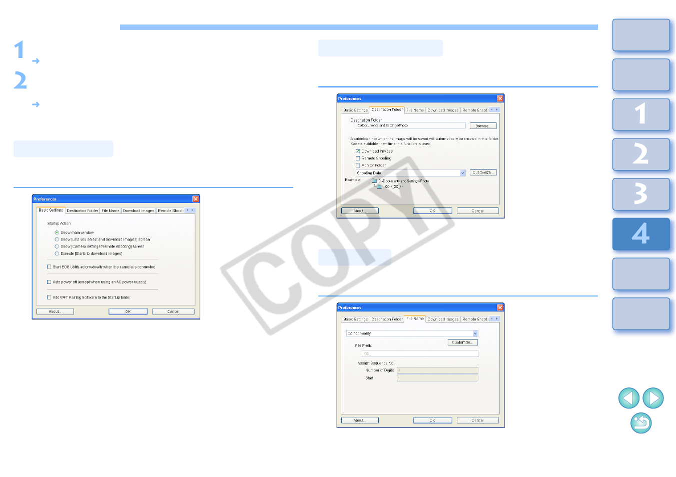 Preferences, P.36, p, Basic settings | Destination folder, File name | Canon 2.2 User Manual | Page 37 / 54