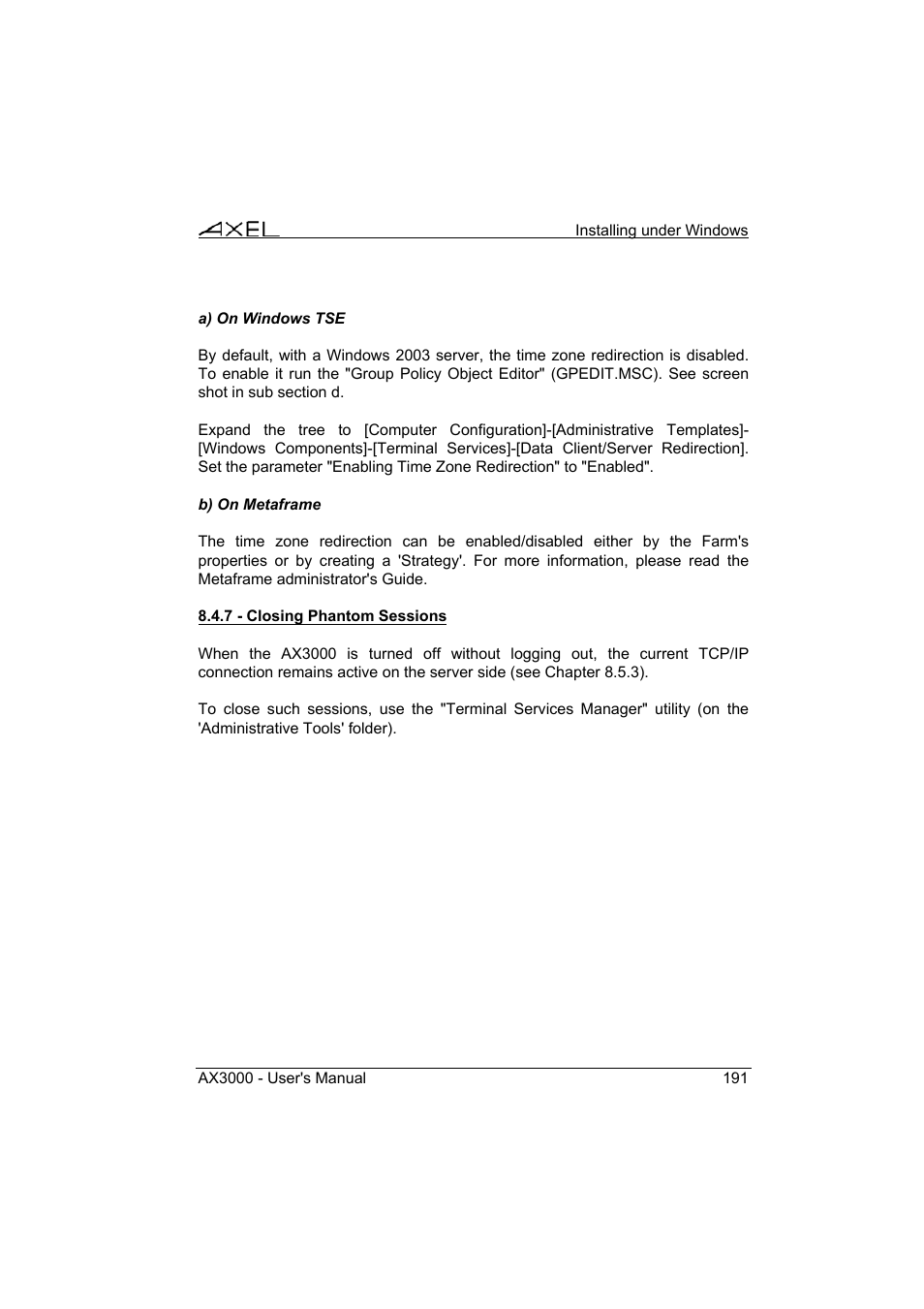 Axel AX3000 65 User's Manual - firmware 0632 User Manual | Page 205 / 298