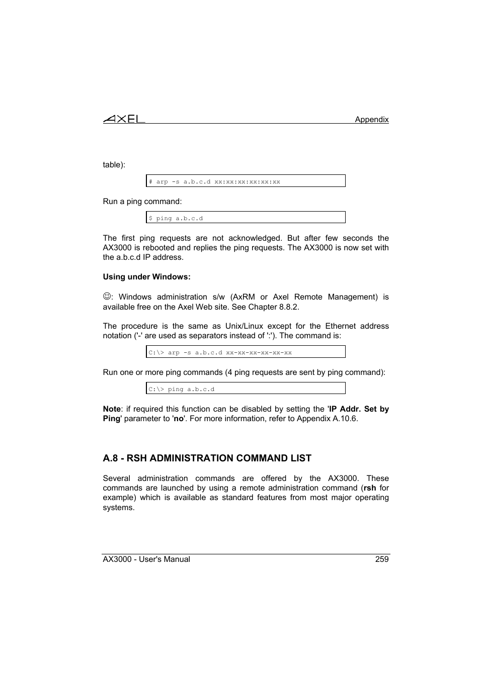 A.8 - rsh administration command list | Axel AX3000 65 User's Manual - firmware 0632 User Manual | Page 273 / 298
