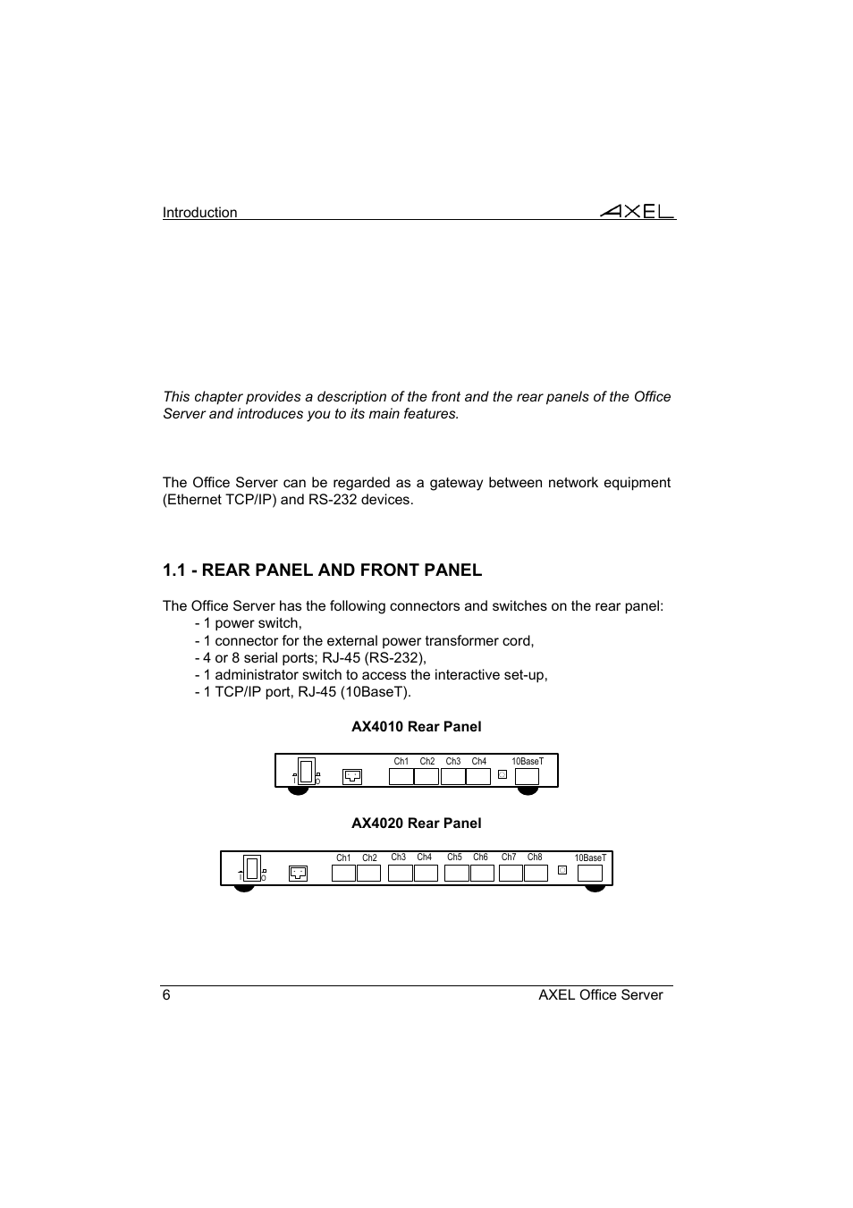 1 - rear panel and front panel | Axel AX4000 User's Manual User Manual | Page 12 / 102
