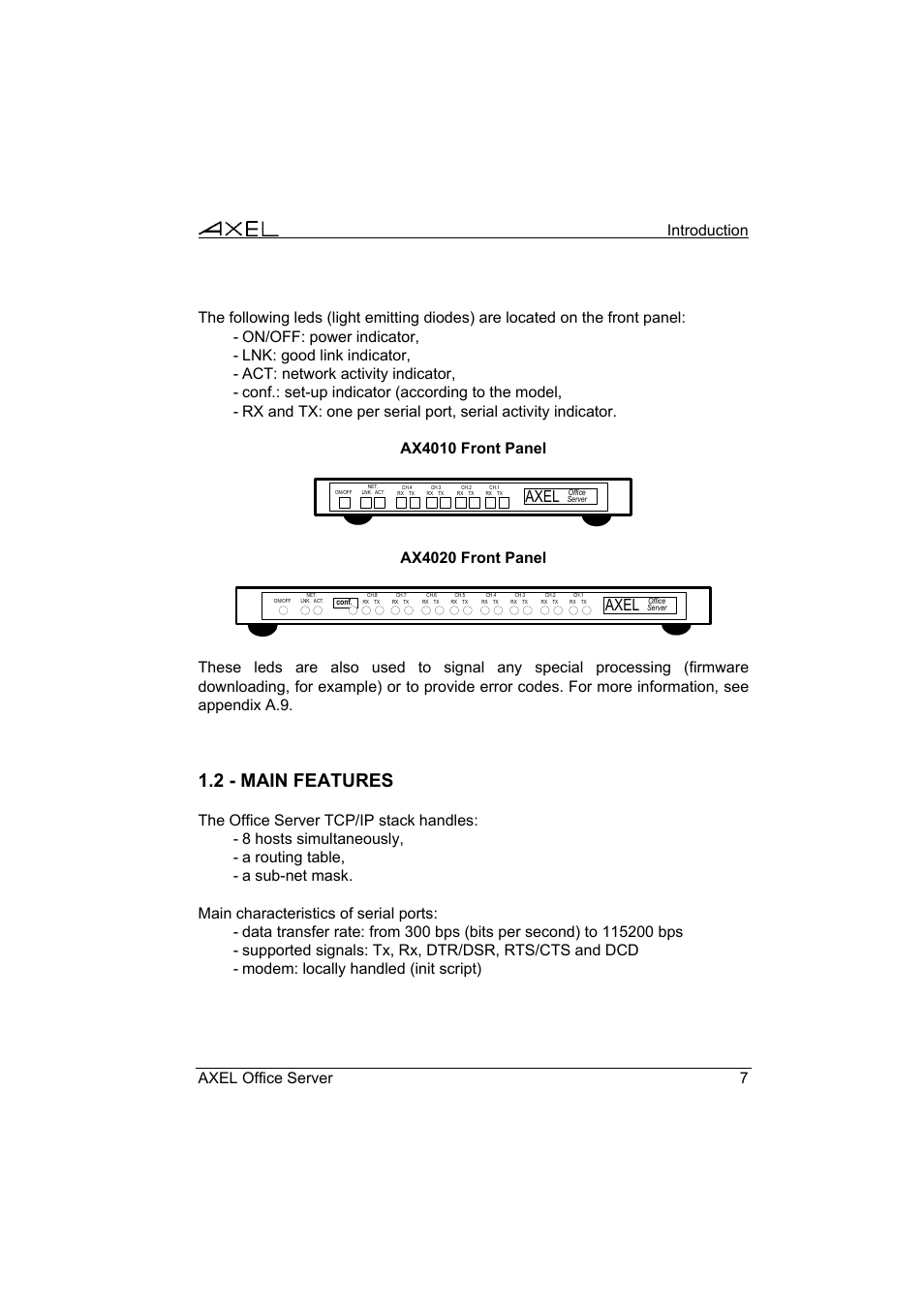 2 - main features, Ax4020 front panel axel | Axel AX4000 User's Manual User Manual | Page 13 / 102