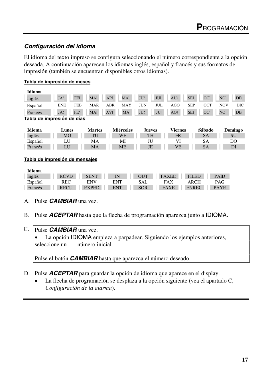 Rogramación 17 configuración del idioma | B.C. Time Recorders Simplex Bravo/Combo/100 User Manual | Page 52 / 94