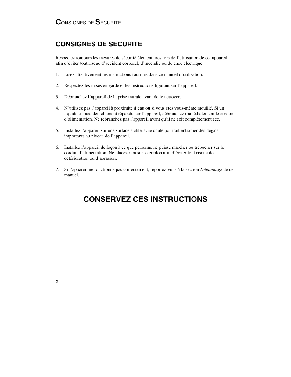 Conservez ces instructions, Consignes de securite | B.C. Time Recorders Simplex Bravo/Combo/100 User Manual | Page 67 / 94