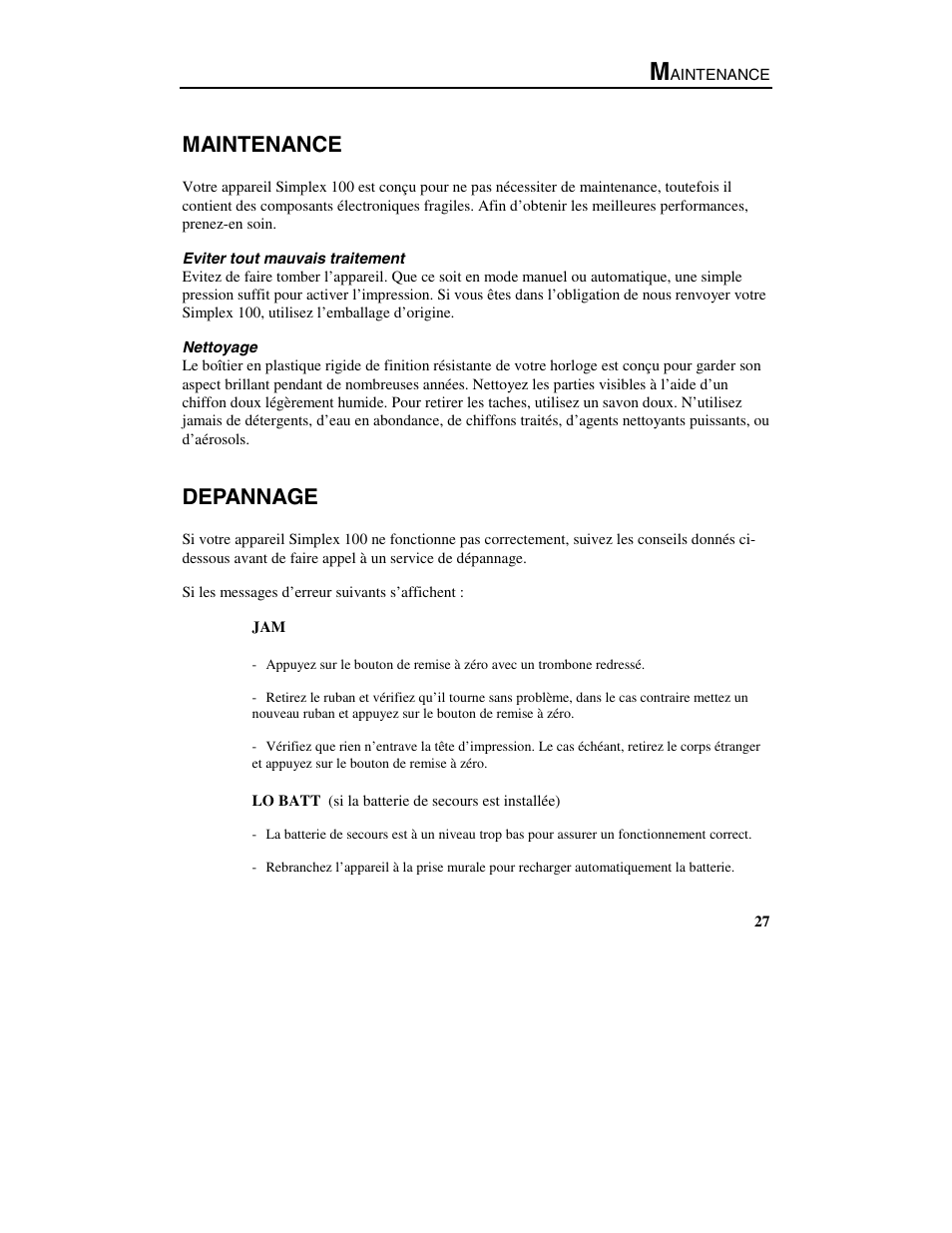 Maintenance, Depannage | B.C. Time Recorders Simplex Bravo/Combo/100 User Manual | Page 92 / 94