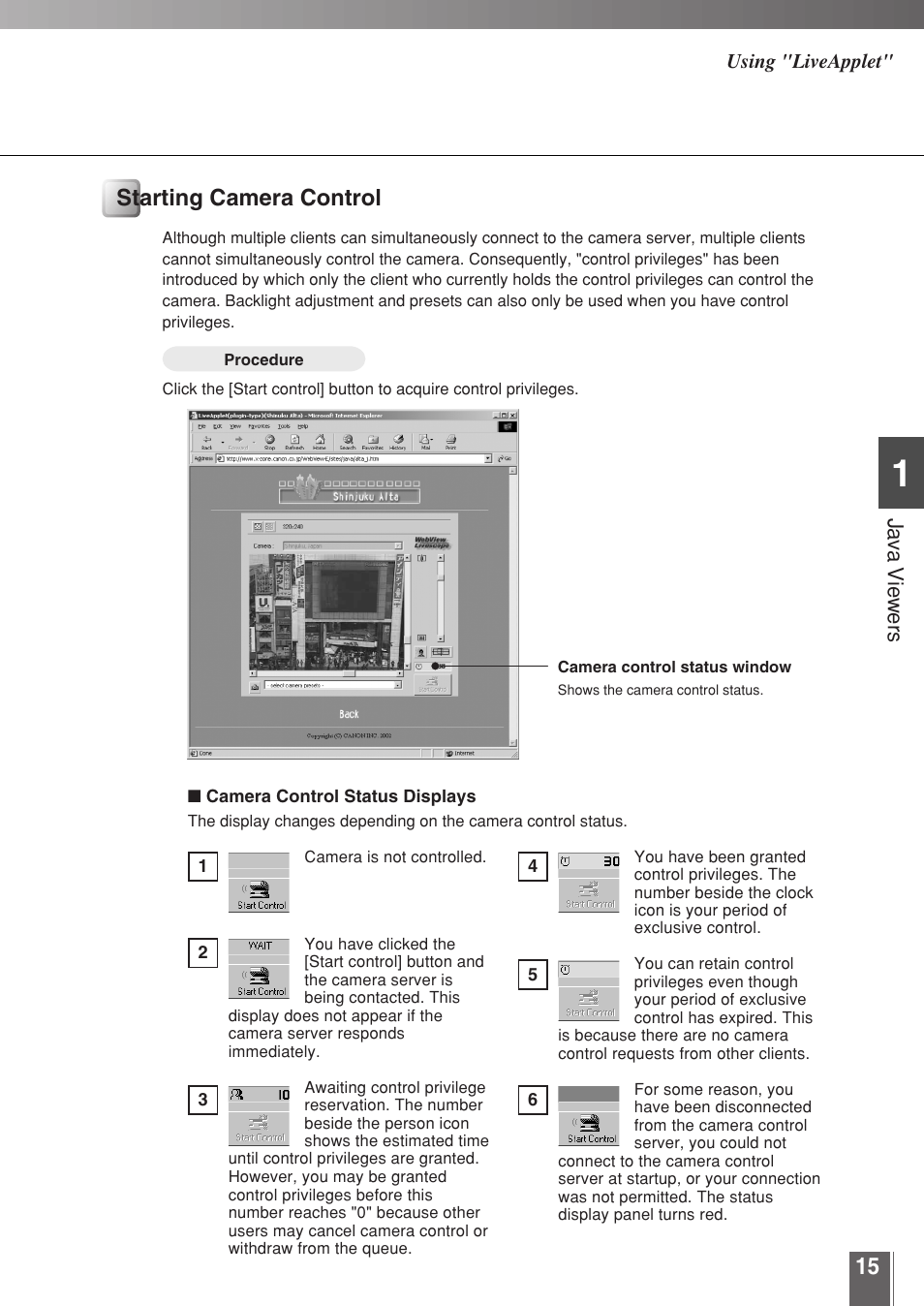 Starting camera control | Canon WEBVIEW LIVESCOPE 3.2 User Manual | Page 15 / 56