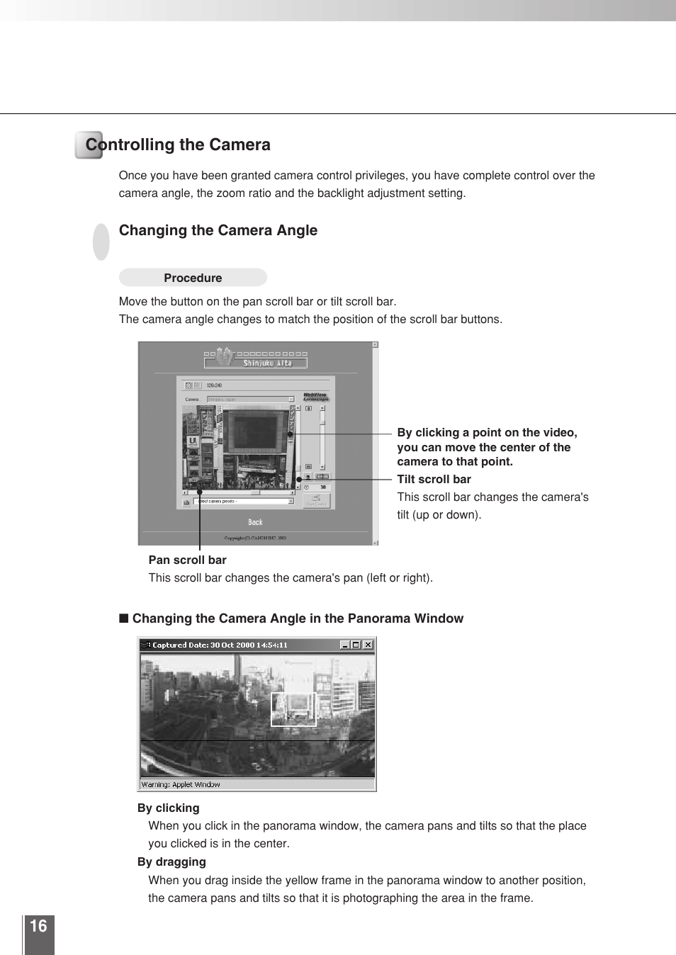 Controlling the camera | Canon WEBVIEW LIVESCOPE 3.2 User Manual | Page 16 / 56