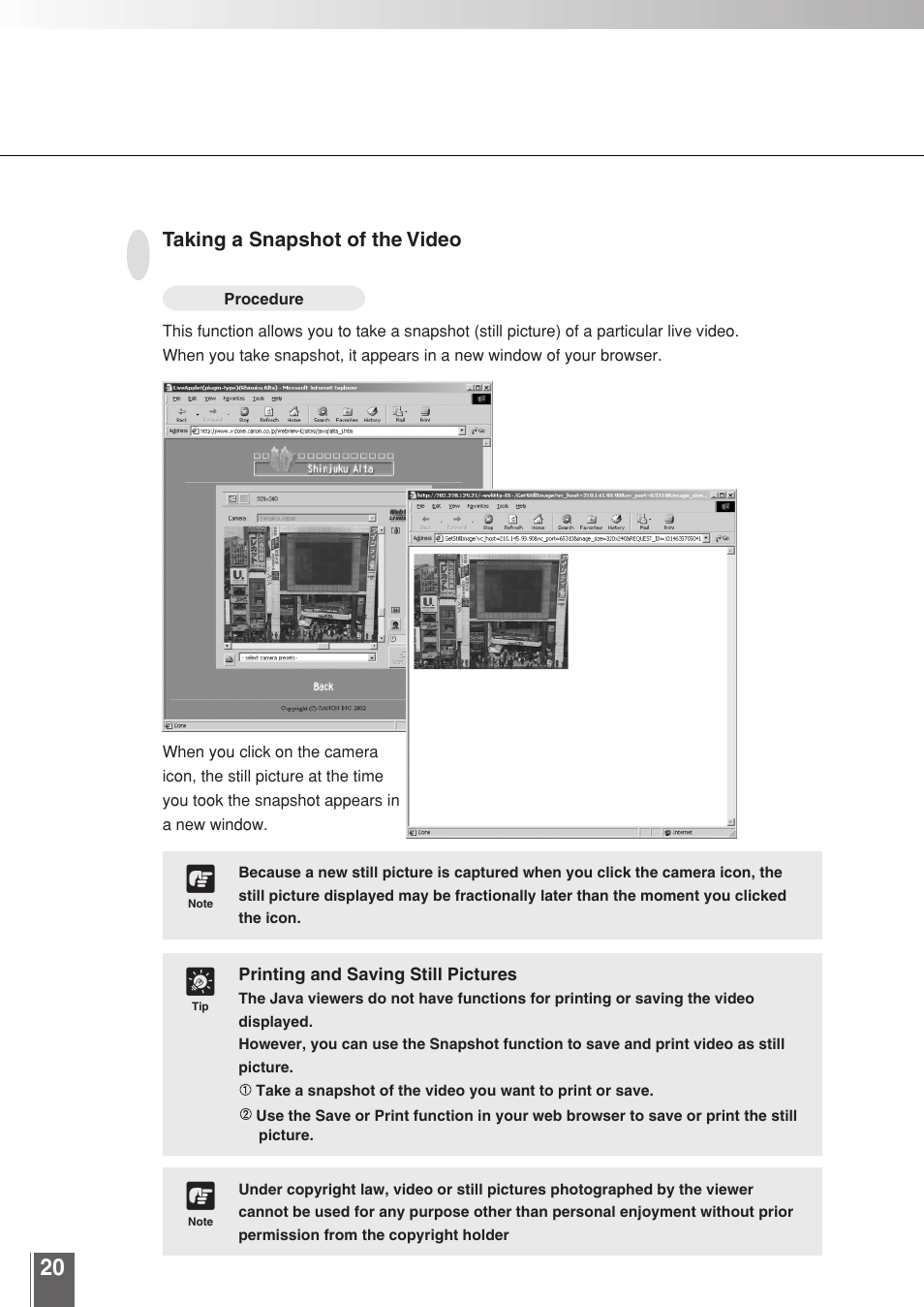 Taking a snapshot of the video | Canon WEBVIEW LIVESCOPE 3.2 User Manual | Page 20 / 56