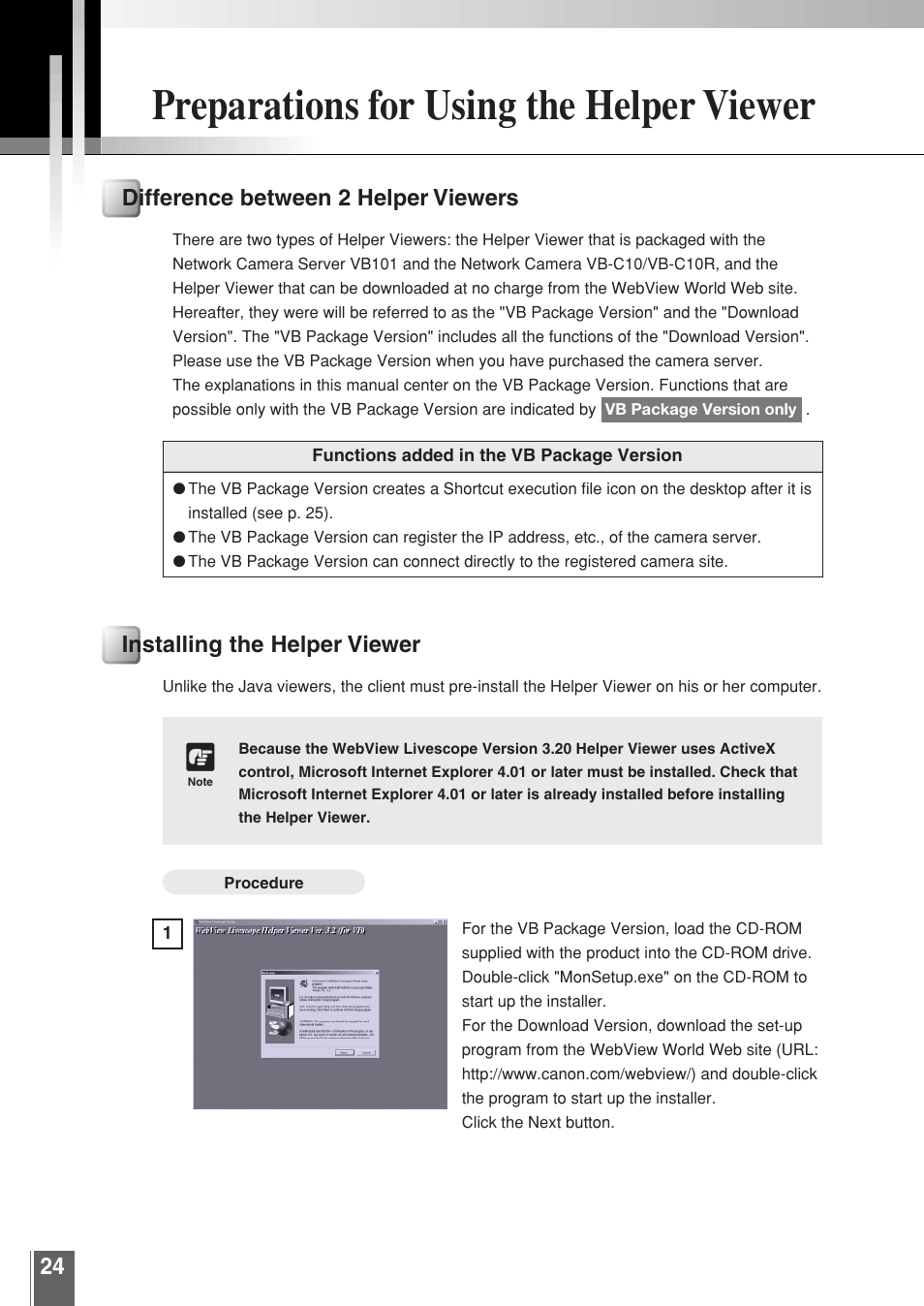 Preparations for using the helper viewer, Installing the helper viewer, Difference between 2 helper viewers | Canon WEBVIEW LIVESCOPE 3.2 User Manual | Page 24 / 56